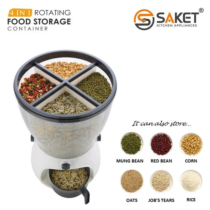 360° Rotating 4-Grid airtight Cereal pulses dispenser food Grain storage