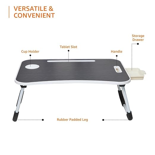 Foldable Laptop Table with Cup Holder, Tablet Groove and Mini Drawer