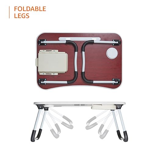 Foldable Laptop Table with Cup Holder, Tablet Groove and Mini Drawer