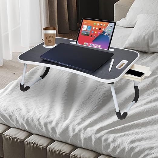 Foldable Laptop Table with Cup Holder, Tablet Groove and Mini Drawer