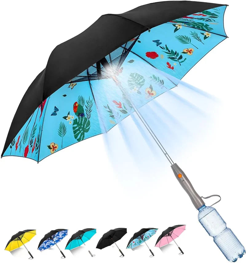 UPF 50+ Travel Umbrella for Sun & Rain, 3 in 1 Umbrella with Fan and Mister